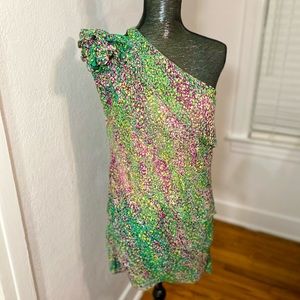 BCBGMaxAzria 100% Silk Chiffon Pink Green Ruffle One Shoulder Mini Dress Sx XXS